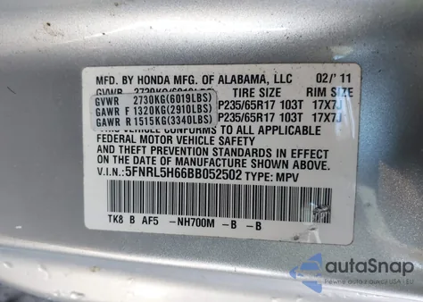 2011 Honda Odyssey Ex-L from USA, damaged, VIN 5FNRL5H66BB052502